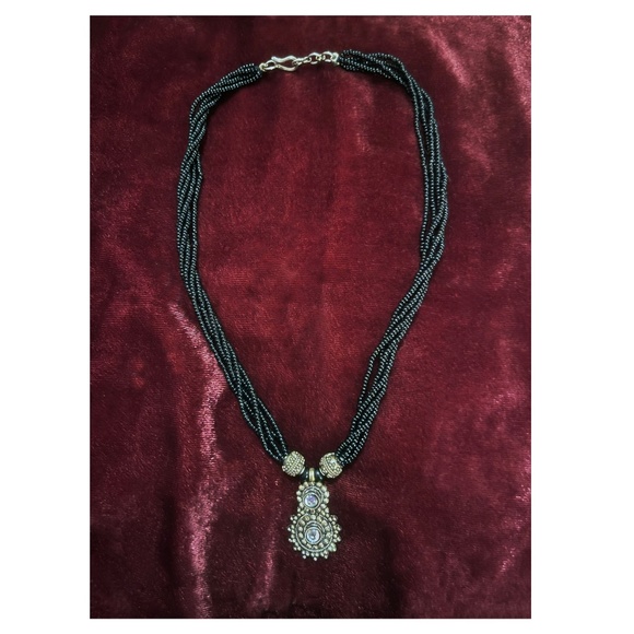 Hand Beaded Necklace With Silver Tone Pendant & Crystals - Picture 2 of 5